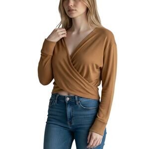 Anthropologie Tan Cropped Twist Front V-Neck Long Sleeves Sweater Size M